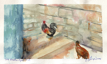 Two Roosters, watercolor